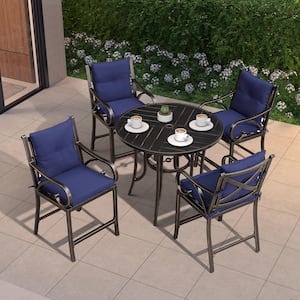Modern 5-Piece Cast Aluminum Outdoor Bistro Set with Back and Arm Navy Blue Cushion Counter Height Metal Bar Chairs
