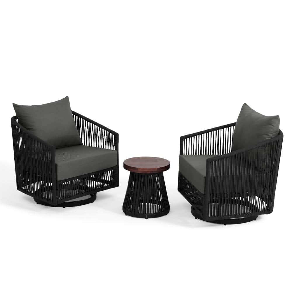 3-Piece Metal Black Wicker Patio Conversation Set Outdoor Chairs and Coffee Table with Gray Cushion price history on PriceWatchPro