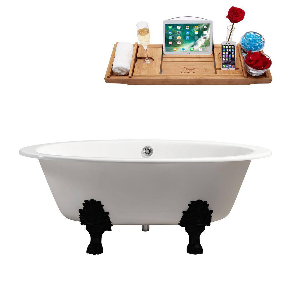 65" Glossy White Cast Iron Clawfoot Soaking Tub with Matte Black Feet