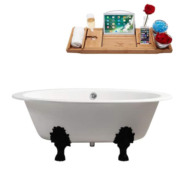 65 in. x 35 in. Cast Iron Clawfoot Soaking Bathtub in Glossy White with Matte Black Clawfeet and Polished Chrome Drain