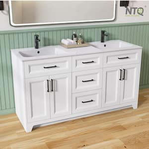 60 in. W x 22 in. D x 34 in.H Double Sink Freestanding Bath Vanity in White Bathroom Vanity Cabinet with White Resin Top