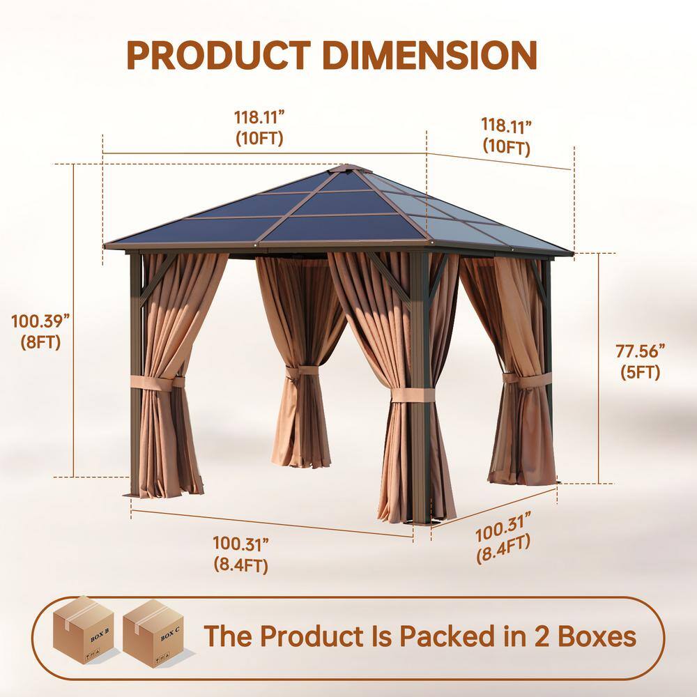 Aoxun 10' x 10' Brown Aluminum Gazebo with Curtains and Netting