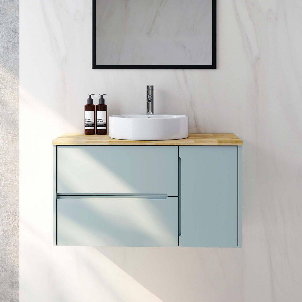 36 in. Wall Mounted Single Sink Blue Bath Vanity with Natural Solid Wood Top and Ceramic Sink (Requires Assembly) price history on PriceWatchPro
