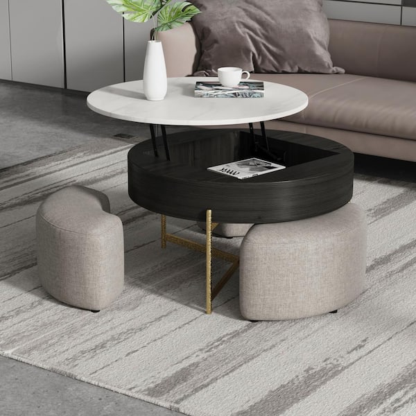 31 in. Black Round Sintered Stone Top Nesting Coffee Table Set, End Table with Lift Top, 2 Storage Drawers, 3 Stools