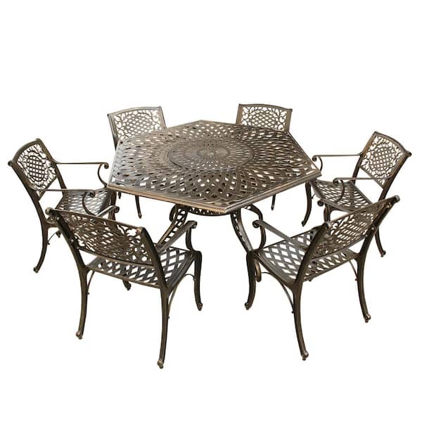 Unbranded Contemporary Modern 7-Piece Bronze Aluminum Outdoor Dining Set with Lazy Susan