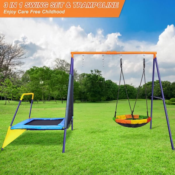 Steel Frame Outdoor Playset with Trampoline and Saucer Swing, 1