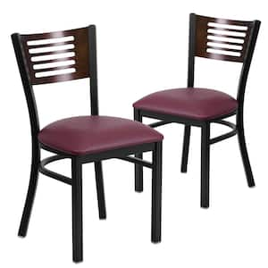 Walnut Wood Back/Burgundy Vinyl Seat/Black Metal Frame Restaurant Chairs (Set of 2)