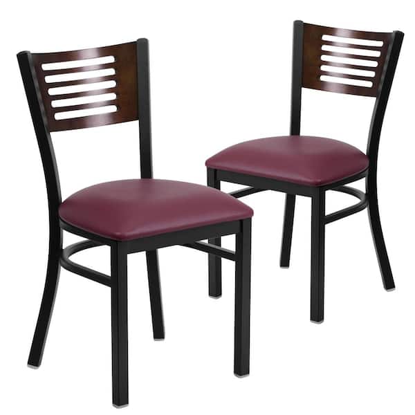 Carnegy Avenue Walnut Wood Back/Burgundy Vinyl Seat/Black Metal Frame Restaurant Chairs (Set of 2)