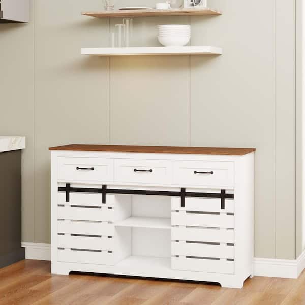 Unbranded White Wood 53 in. Kitchen Island with 3 Drawers, 2 Sliding Barn Doors, 2 Adjustable Shelves