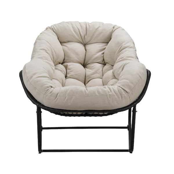 LQOFZ Oversized Wicker Rattan Outdoor Rocking Chair with Beige Cushion