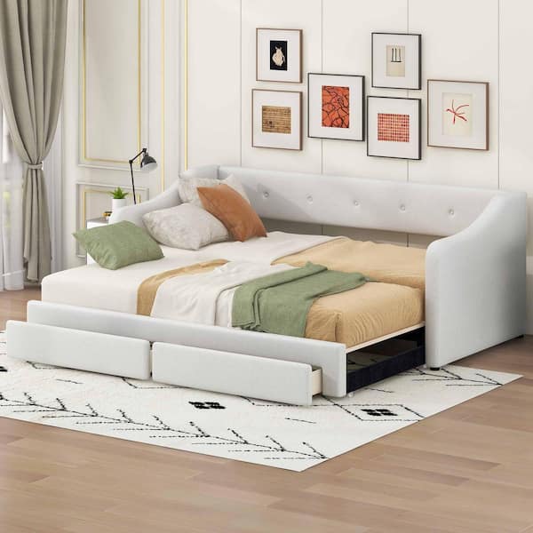 Beige Twin XL Size Daybed with 2 Drawers