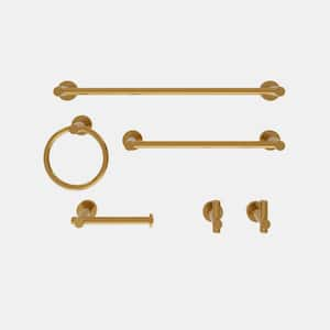 6 -Piece Bath Hardware Set with 2 Towel Bars/Racks, Toilet Paper Holder, 2 Towel/Robe Hooks, Towel Ring in Brushed Gold