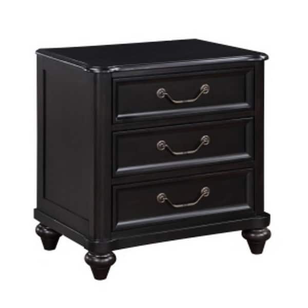 Benjara 26 in. Black 3-Drawers Wooden Nightstand