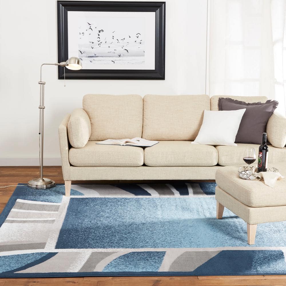 Blue and Gray Abstract Border Area Rug, 7'8"x10'7"