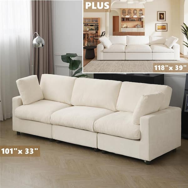101 in. Square Arm Chenille Fabric 3-Piece Modular Free Combination Sectional Sofa in. Beige