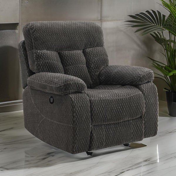 Benjara Gray Polyester Power Glider Recliner with USB Charger