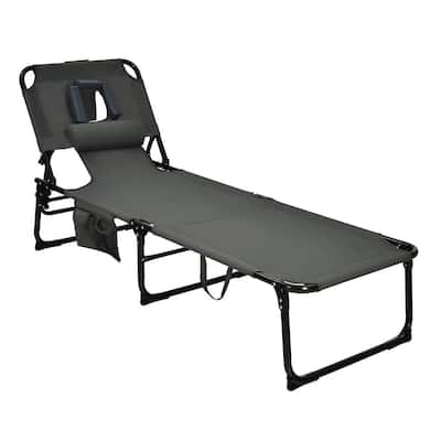 Outdoor Grey Fabric Portable Beach Chaise Lounge Chair Folding Reclining Chair with Facing Hole