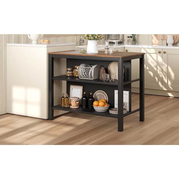 Black Wood 45 in. Stationary Kitchen Island with 2-Open Shelves