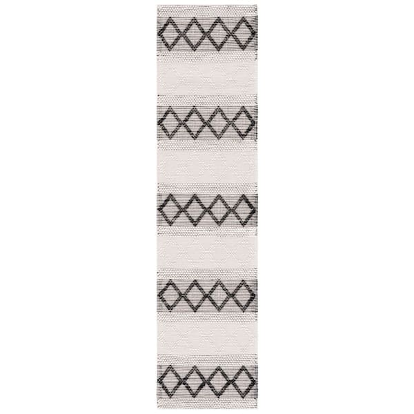 Natura 2 ft. x 9 ft. Ivory/Black Striped Multi-Diamond Runner Rug