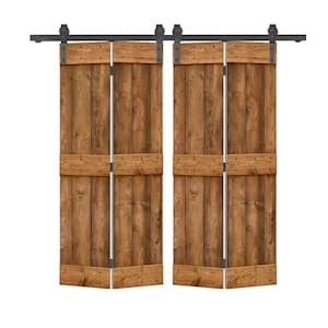Mid-Bar Pre Assembled 48 in. x 84 in. Solid Core Walnut Stained Wood Double Bi-Fold Barn Doors with Sliding Hardware Kit