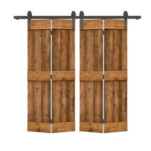 60 in. x 84 in. Mid-Bar Series Walnut Stained DIY Wood Double Bi-Fold Barn Doors with Sliding Hardware Kit