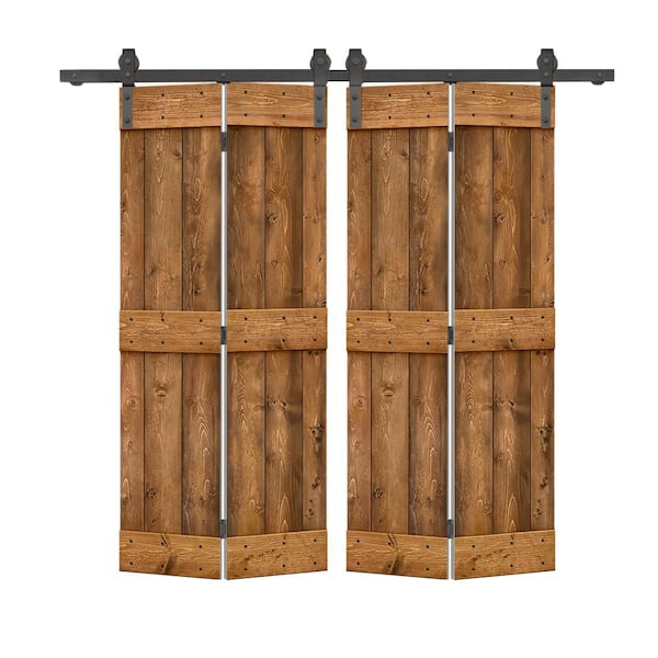 CALHOME 64 in. x 84 in. Mid-Bar Series Solid Core Walnut Stained DIY Wood Double Bi-Fold Barn Doors with Sliding Hardware Kit
