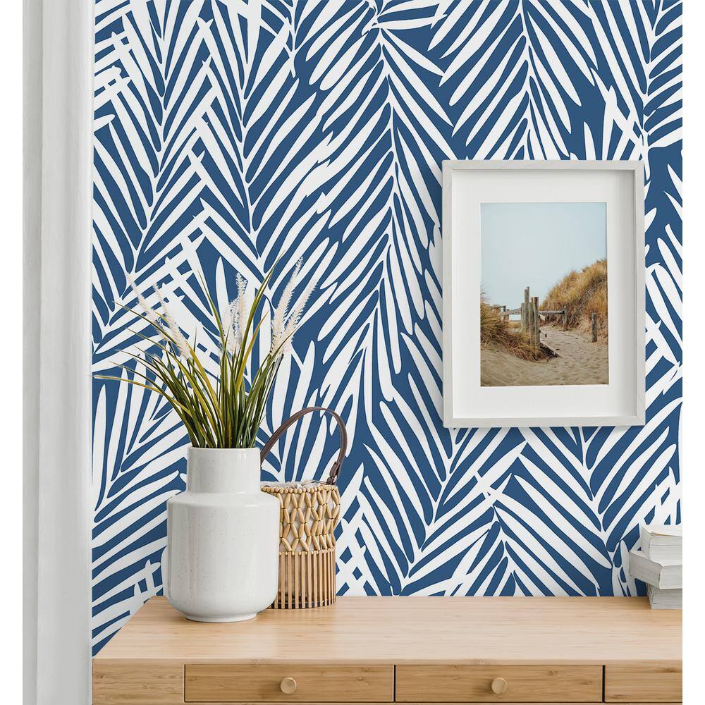 Coastal Blue Palm Leaf Peel and Stick Vinyl Wallpaper Roll