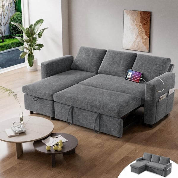 81" Sleeper Sofa Bed with Pull Out Bed L-Shaped Couch Sectional Sleeper Sofa,Chenille Gray
