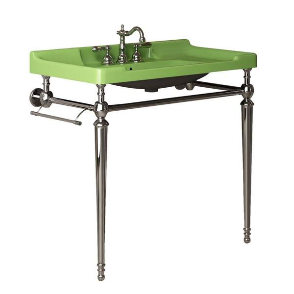 Unbranded Stainless Steel 36 in. Green Ceramic Single Bowl Console Sink and Chrome Legs Combo with One Towel Bar, 3 Faucet Holes