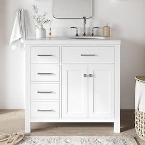 Bristol 36.25 in. W x 22 in. D x 36 in. H Single Sink Freestanding Bath Vanity in White with Carrara White Quartz Top