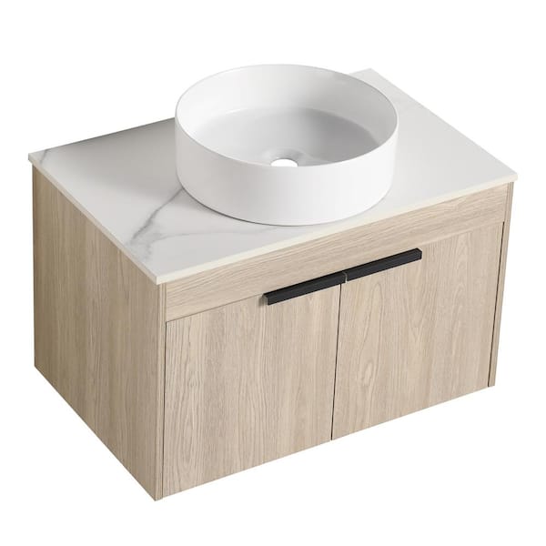 INSTER PETIT 29.5 in. W x 18.9 in. D x 23 in. H Single Sink Floating Bath Vanity in Oak with White Stone Top and Ceramic Sink