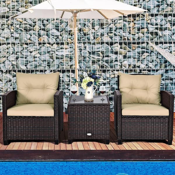 3-Piece Rattan Wicker Patio Conversation Set Sofa Coffee Table with Beige Cushions