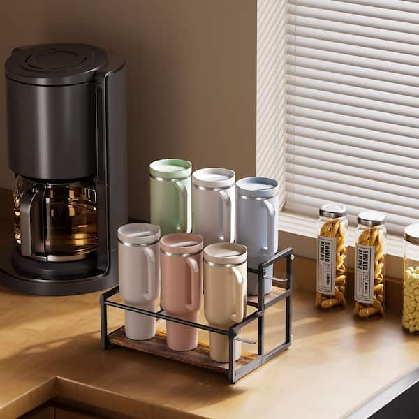 2-Tier Wood Iron Shelf Rustic Finish Space Saving Tabletop Water Bottle Holder with Lid Hooks for Kitchen Storage