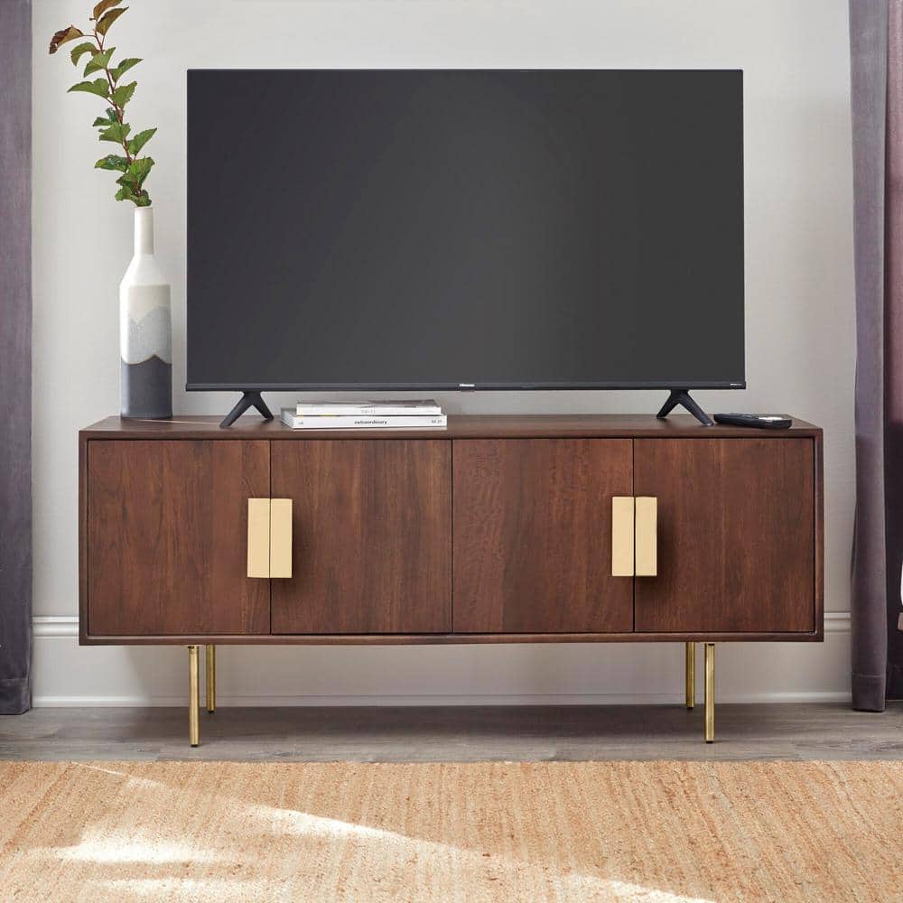 54 in. Mid-Century Modern Walnut Brown Media Cabinet with Gold Metal Accent
