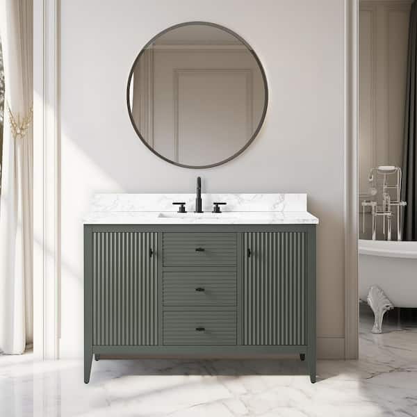 Vanity Art 48 in. W x 22 in D x 38 in. H Single Sink Bath Vanity Cabinet in Linear Vintage Green with White Engineered Marble Top
