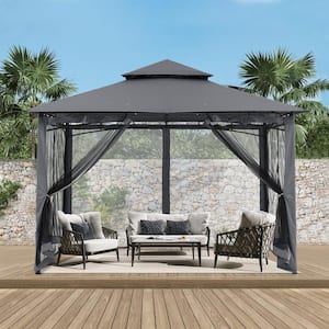 11 ft. x 11 ft. Gray Steel Outdoor Patio Gazebo with Vented Soft Roof Canopy and Netting