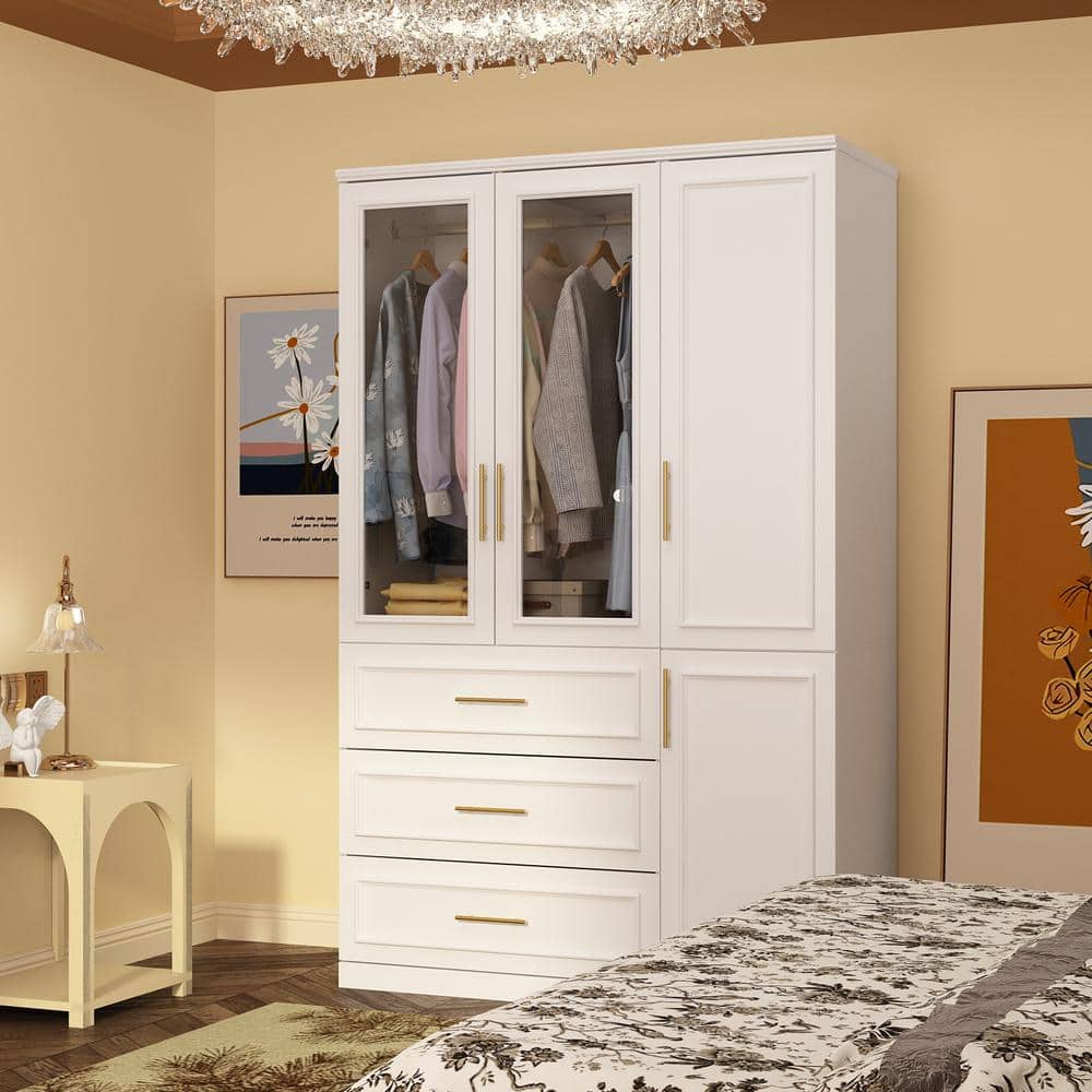 2-Combination White Wood 47.6 in. W 4-Door Big Armoires with 2-Hanging Rods, 3-Drawers, Shelves 74.8 in. H x 19.3 in. D - thumbnail 2