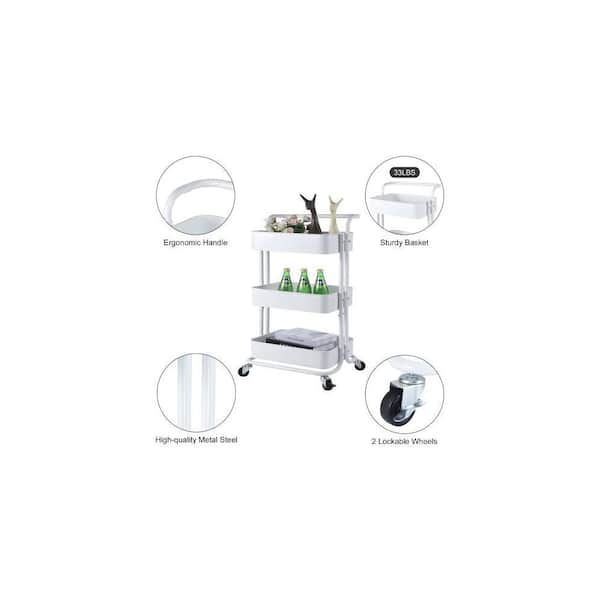 3-Tier White Kitchen Cart Rolling Storage Utility Cart Heavy Duty Craft Cart with Wheels and Handle
