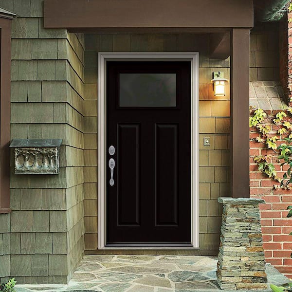 34 in. x 80 in. 1 Lite Craftsman Black Painted Steel Prehung Right-Hand Inswing Front Door w/Brickmould