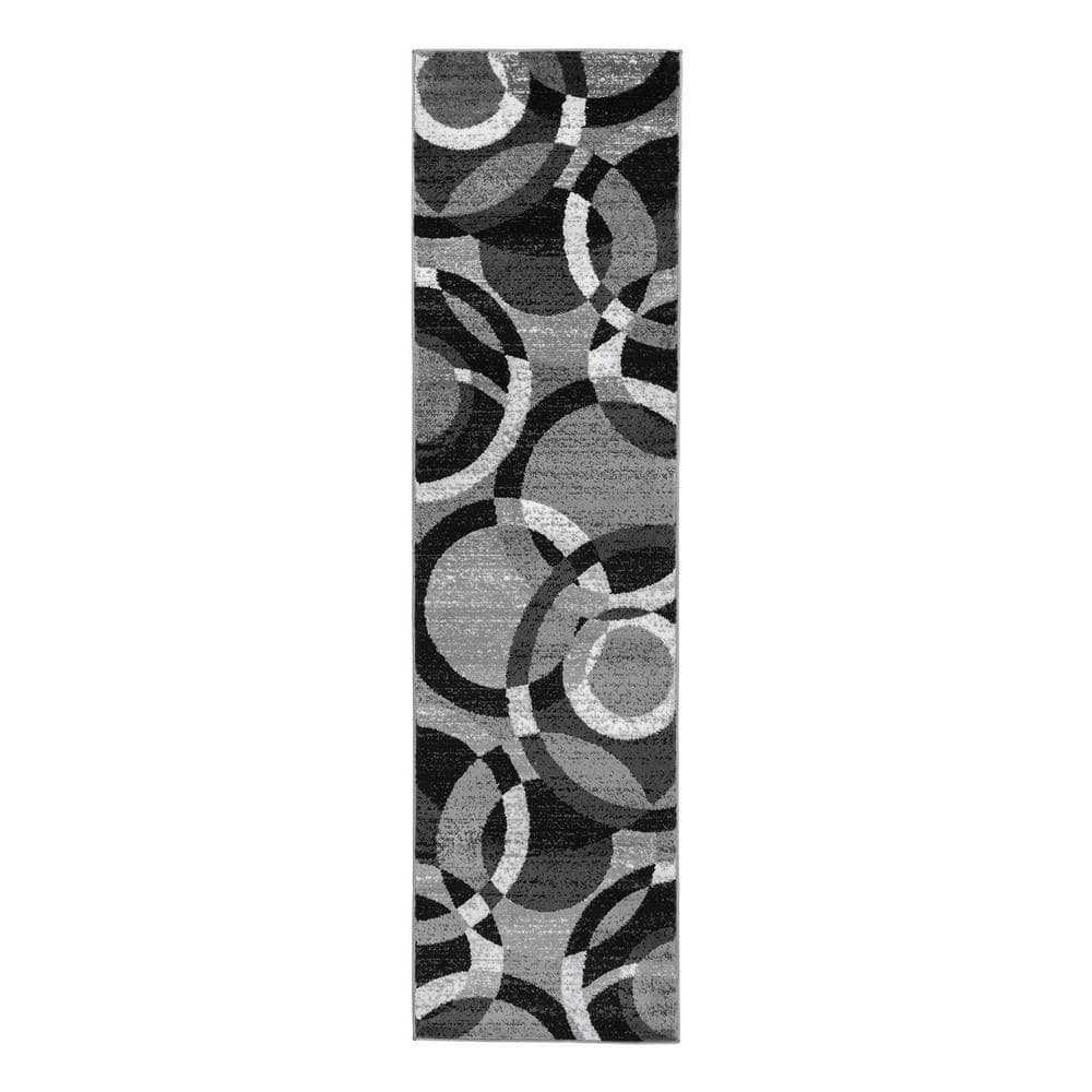 Gray Geometric Circles Stain-Resistant Runner Rug 2'7" x 8'