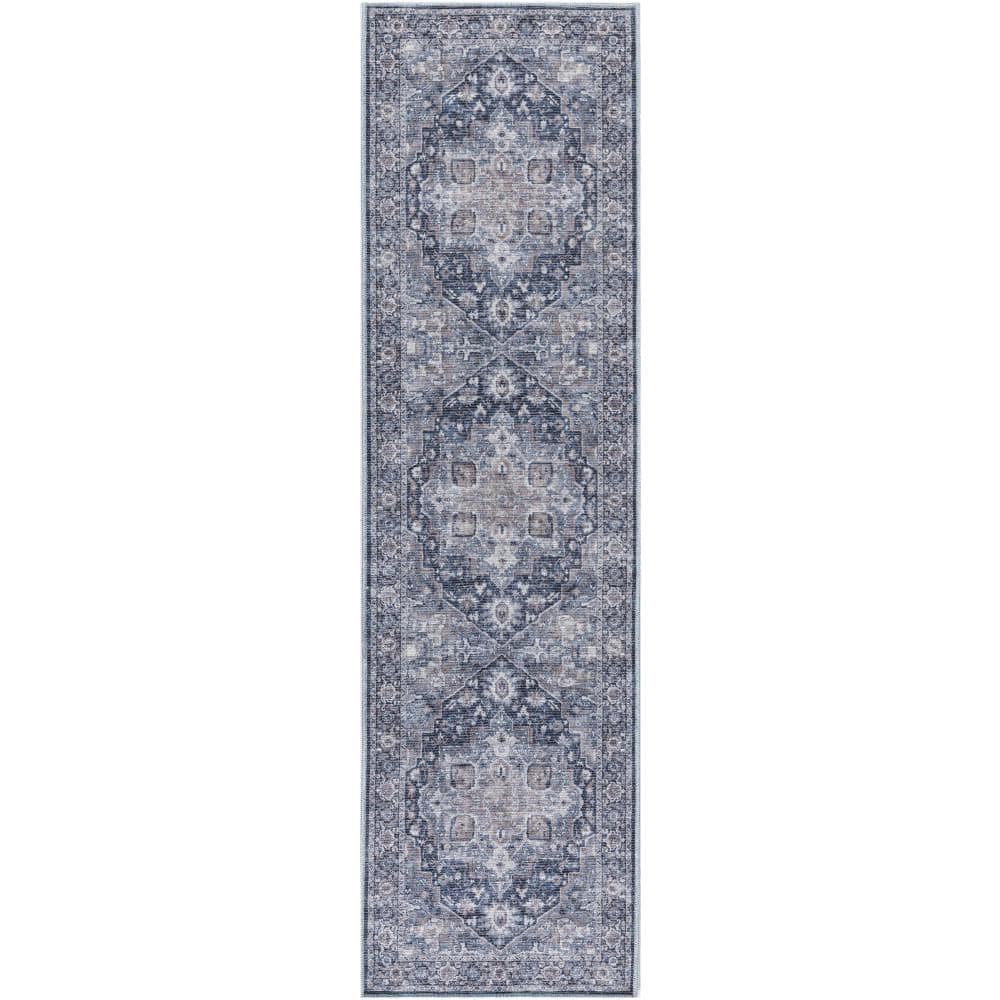 Machine Washable Series 1 Ivory Navy 2 ft. x 12 ft. Distressed Traditional 