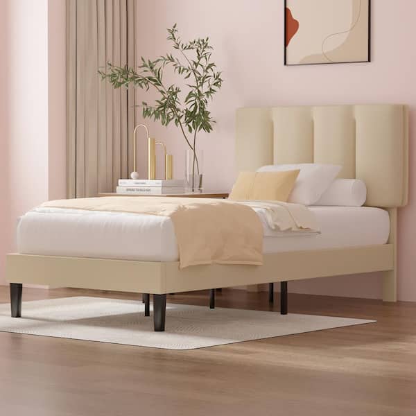 VECELO Upholstered Bedframe, Beige Metal Frame Twin Platform Bed 
