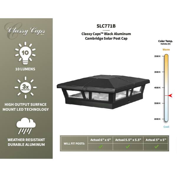 Outdoor Black LED Solar Post Cap x 6 in 2-Pack Classy Caps  6 in 