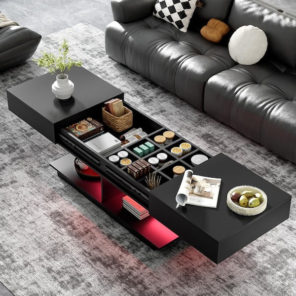 41.3 in.-76.7 in. Black Rectangle Wood Extendable Coffee Table with Hidden Storage Space, 16-color LED strip