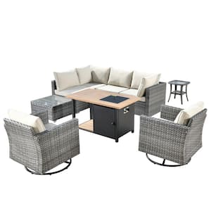 Sanibel Gray 9-Piece Wicker Outdoor Patio Conversation Sofa Sectional Set with a Storage Fire Pit and Beige Cushions
