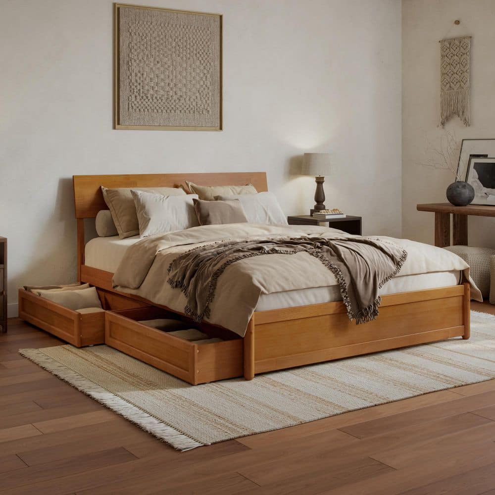Norla Light Toffee Natural Bronze Wood Frame Queen Platform Bed with Footboard and Storage Drawers