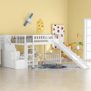 White Wood Frame Twin Size Loft Bed with Slide, Staircase with 2-drawers