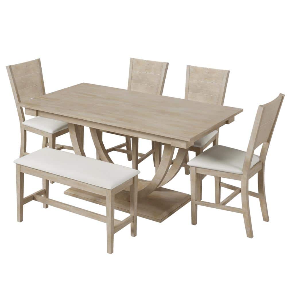 6 Piece Rectangular Seadrift Wood Top Dining Table Set with Bench & 4 Upholstered Chairs, Modern Style Seats 6