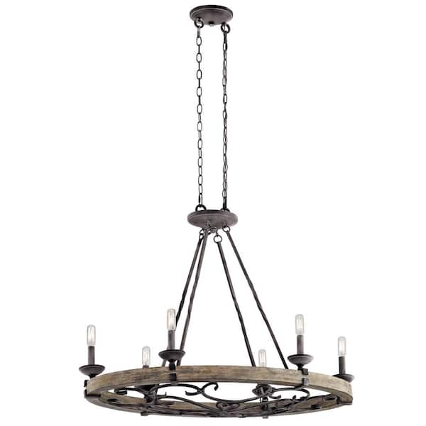 KICHLER Taulbee 18 in. 6-Light Weathered Zinc Farmhouse Wagon Wheel Oval Chandelier for Dining Room
