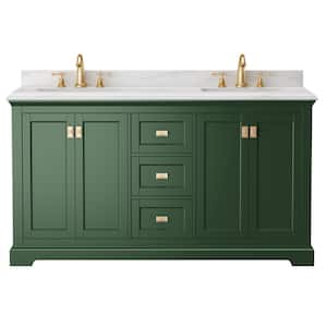 Aphrodite 60 in. W x 22 in. D x 33 in. H Freestanding Bath Vanity in Green with White Marble Top and Double Sink